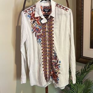 JOHNNY WAS Embroidered Striped Blouse S